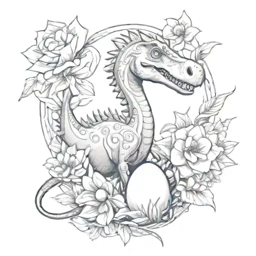 long neck Dino with egg and flowers blooming tattoo design idea