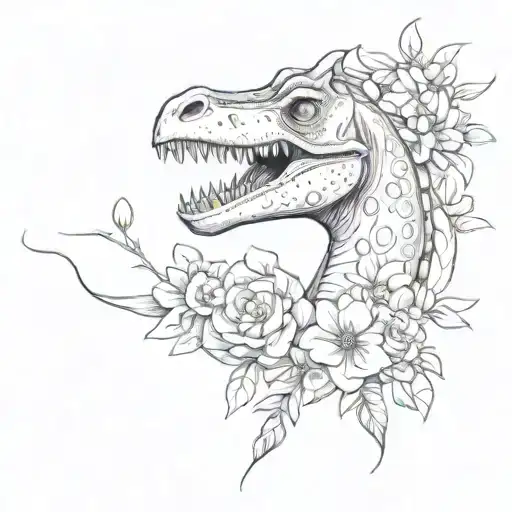 long neck Dino with egg and flowers blooming cute girl tattoo design idea