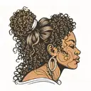 black woman Shape & Face outine with big curly hair, side view  tattoo design idea