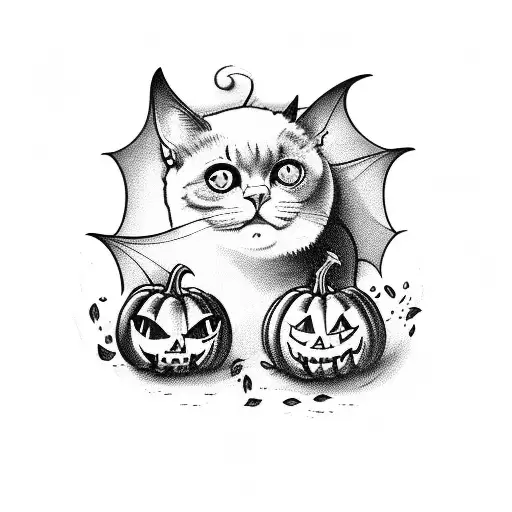 vintage scaredy cat in black, white, grey and orange, with bats and pumpkins tattoo design idea
