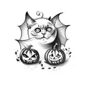 vintage scaredy cat in black, white, grey and orange, with bats and pumpkins tattoo design idea