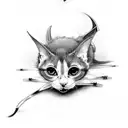 vintage scaredy cat in black, white, grey and orange, with bats and pumpkins tattoo design idea