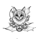 vintage scaredy cat in black, white, grey and orange, with bats and pumpkins tattoo design idea