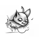 vintage scaredy cat in black, white, grey and orange, with bats and pumpkins tattoo design idea