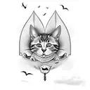 vintage scaredy cat in black, white, grey and orange, with bats and pumpkins surrounding the cat tattoo design idea