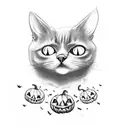 vintage scaredy cat in black, white, grey and orange, with bats and pumpkins surrounding the cat tattoo design idea