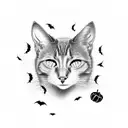 vintage scaredy cat in black, white, grey and orange, with bats and pumpkins surrounding the cat tattoo design idea