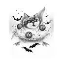 vintage scaredy cat in black, white, grey and orange, with bats and pumpkins surrounding the cat tattoo design idea