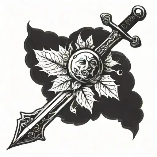i want beautiful leaves and a sword a sun but make it masculine  tattoo design idea
