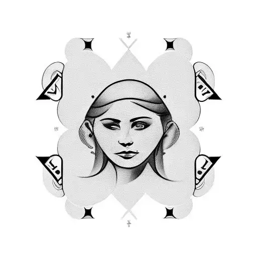 A tattoo featuring an elegant woman's face as the centerpiece, slightly positioned to the side. Behind the face, a stylized basketball merges with the number '11', subtly integrated into the design. Floating above the face is a poker card, perhaps with a specific symbol or value that holds special meaning to you. tattoo design idea
