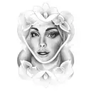 A tattoo featuring an elegant woman's face as the centerpiece, slightly positioned to the side. Behind the face, a stylized basketball merges with the number '11', subtly integrated into the design. Floating above the face is a poker card, perhaps with a specific symbol or value that holds special meaning to you. tattoo design idea