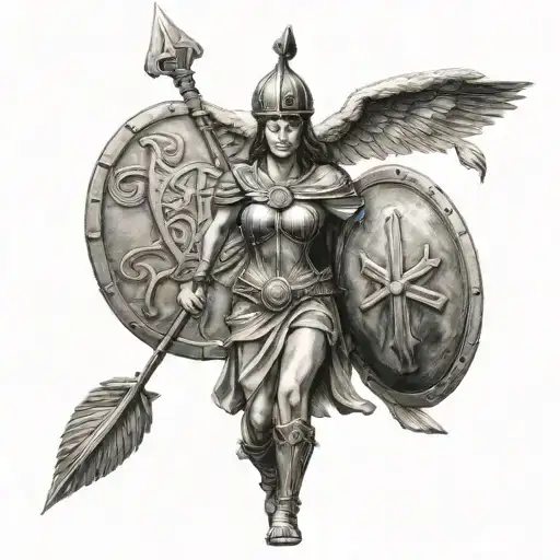 Athena holding spear and shield tattoo design idea
