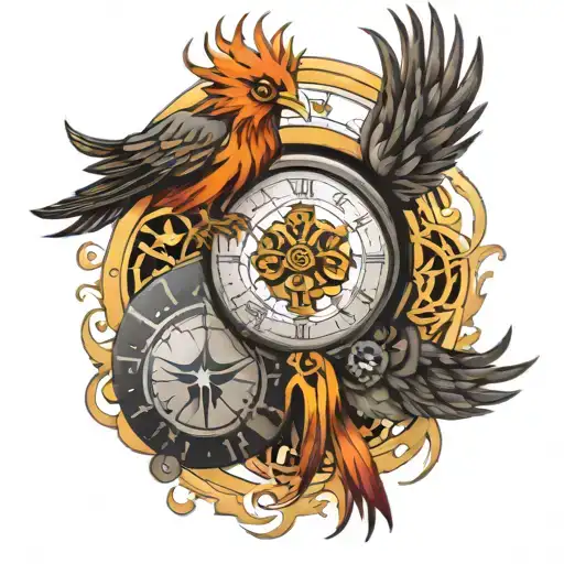 phoenix bird with clock, viking compass and yin and yan and in between tattoo design idea