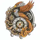 phoenix bird with clock, viking compass and yin and yan and in between tattoo design idea