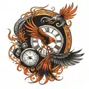 phoenix bird with clock, viking compass and yin and yan and in between tattoo design idea
