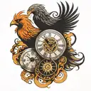 phoenix bird with clock, viking compass and yin and yan and in between tattoo design idea