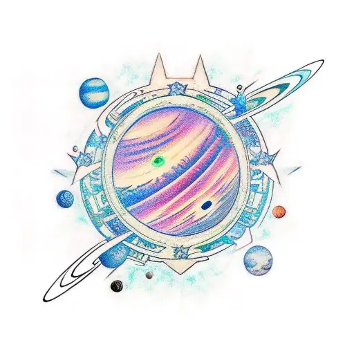line spine tattoo with planets, stars and faires tattoo design idea