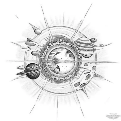 thin spine tattoo with planets, stars and faires tattoo design idea