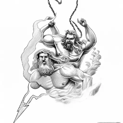 zeus and posiedon with lightning bolts and ocean tattoo design idea