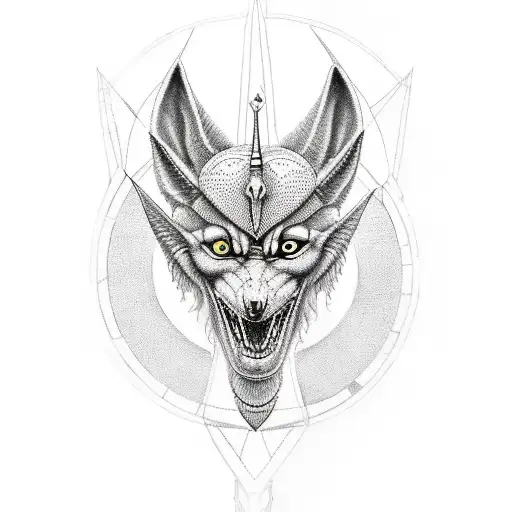 Anubis in jackal form with pyramid and moon tattoo design idea