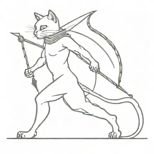 A cat warrior wielding a bow and arrow, standing triumphantly over a defeated ant army tattoo design idea