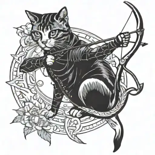 A modern twist on a traditional archer design, featuring a cat as the archer's loyal companion, reflecting the client's love for archery and cats tattoo design idea