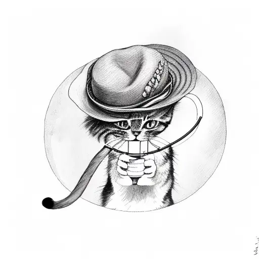 A cat wearing a straw hat (from One Piece) playing a musical instrument in a nature setting tattoo design idea