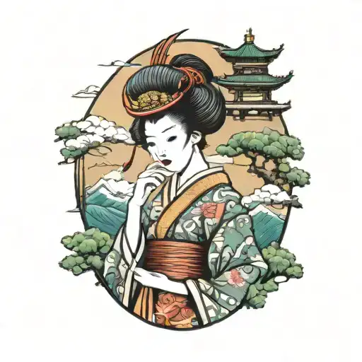 A traditional Japanese geisha holding a military helmet surrounded by scenic landscapes tattoo design idea