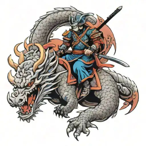 A new-school design of a samurai warrior riding a dragon through a Japanese landscape tattoo design idea
