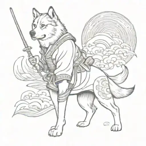 Japanese warrior with a loyal Akita dog at his side, surrounded by traditional Japanese waves tattoo design idea