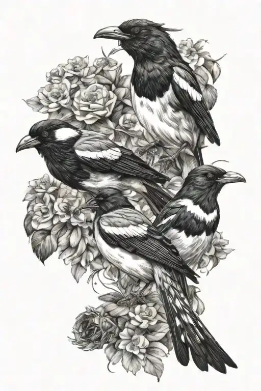draw me a black and white tattoo of 2 adult magpies on the back left shoulder and one under the neck both fighting tattoo design idea