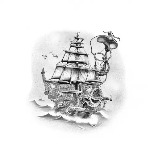 Make it greyscale only, and with scuba diver fighting a kraken. Spanish Galleon sailing above tattoo design idea