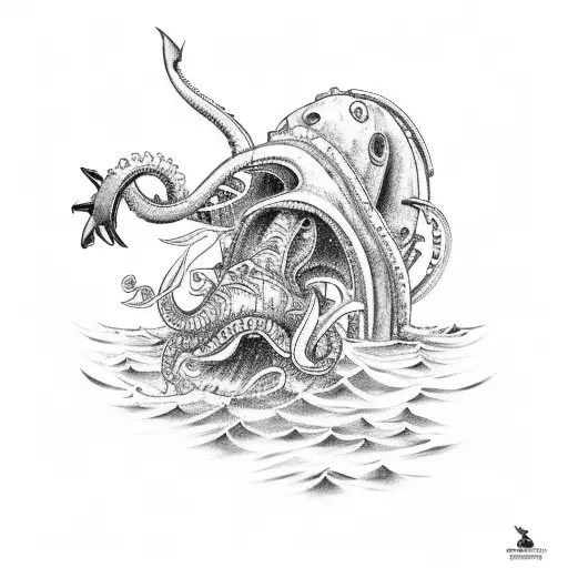 scuba diver fighting a kraken. Spanish Galleon sailing above tattoo design idea