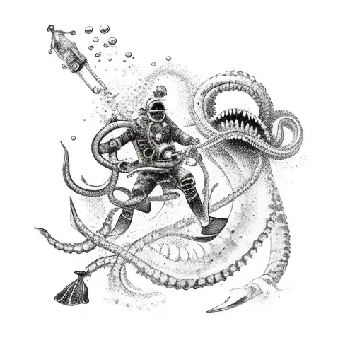 scuba diver fighting a kraken. Spanish Galleon sailing above tattoo design idea
