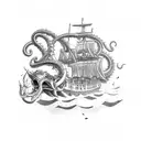 Make it greyscale only, and with scuba diver fighting a kraken. Spanish Galleon sailing above tattoo design idea