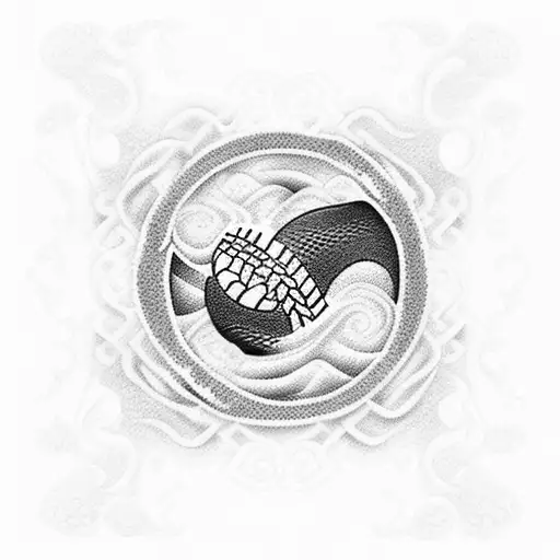 A dotwork tattoo of the Flamengo logo surrounded by waves to represent your love for both your favorite football team and the beach tattoo design idea