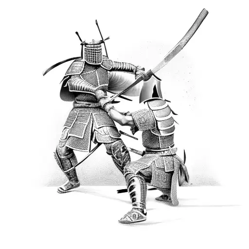 Fierce samurai and gladiator facing off with weapons tattoo design idea