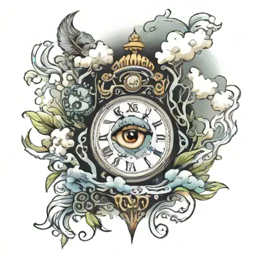 half sleeve with eye surrounded by clouds and a clock with a poison tree and words  tattoo design idea