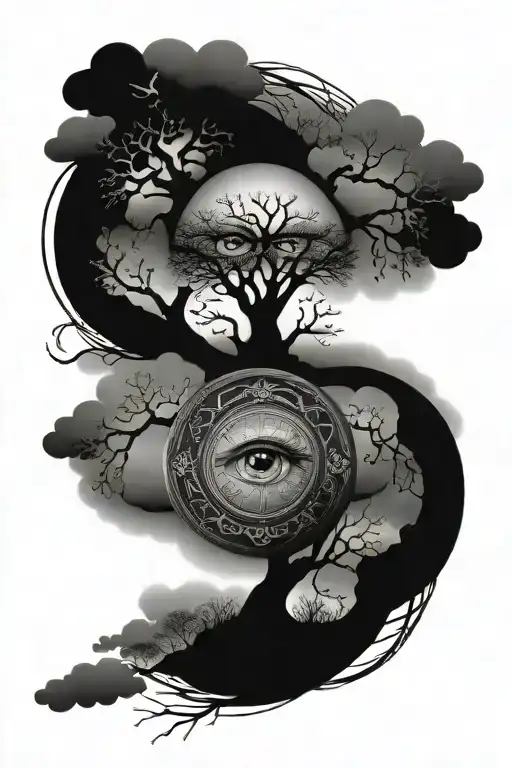 half sleeve with eye with cross inside and surrounded by clouds with a poison tree in the background and text saying pap tattoo design idea