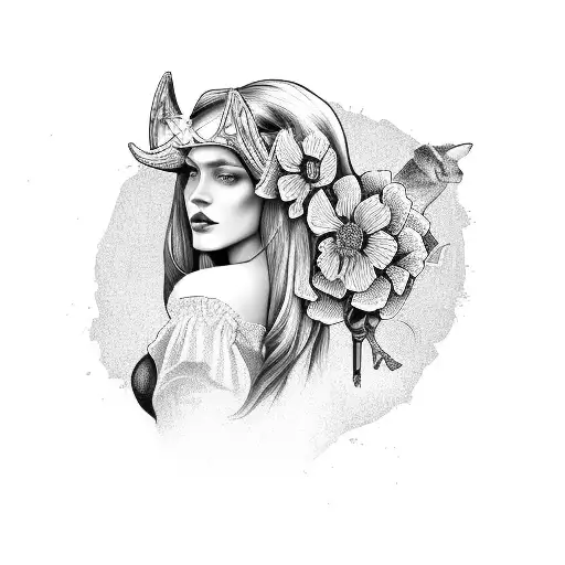 western cowgirl with mandela flowers  tattoo design idea