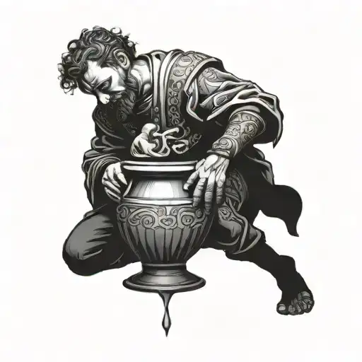 King Midas touching a broken pot and repairing the cracks  tattoo design idea