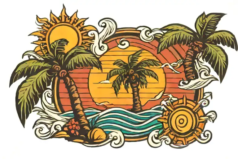 palm tree, waves, sun, cross tattoo design idea