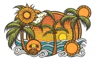 palm tree, waves, sun, cross tattoo design idea