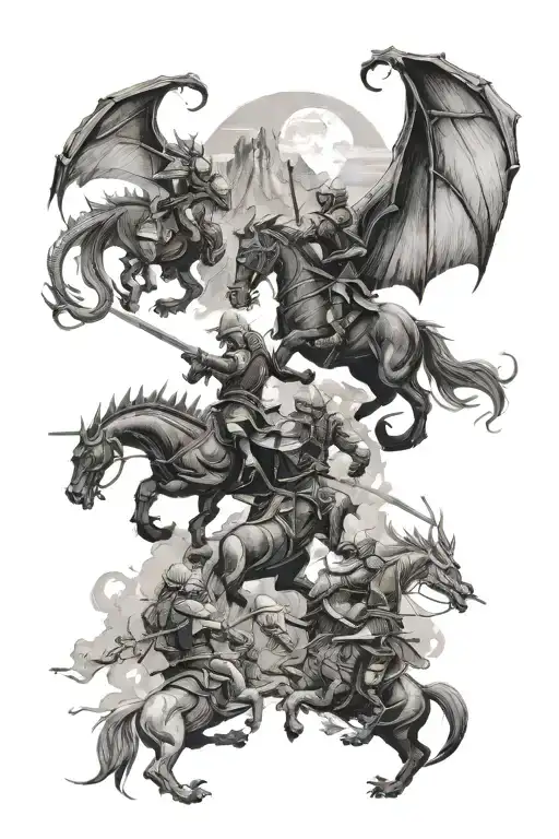 silhouettes of 5 knights fighting dragon in sky, winding road with mountains in background tattoo design idea