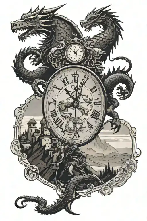 silhouettes of knights fighting dragon,  A clock tower in the distance, winding road with mountains in background tattoo design idea