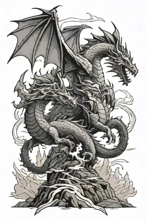 outline of knights walking along a winding road fighting silhouette dragon in sky. mountain background tattoo design idea