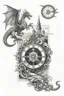 An open book, A clock tower in the distance, winding road with mountains in back, silhouettes of knights fighting dragon tattoo design idea