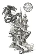 An open book, A clock tower in the distance, winding road with mountains in back, silhouettes of knights fighting dragon tattoo design idea