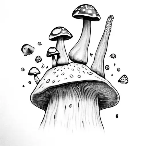 mushroom character who has stoned eyes who is very spiritual and realistic looking  tattoo design idea