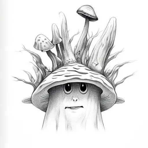 mushroom character who has stoned eyes who is very spiritual and realistic looking tattoo design idea
